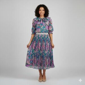 Vintage Diane Freis Georgette Dress | OSFM | 80s Boho Chic Beaded Pleated Polka